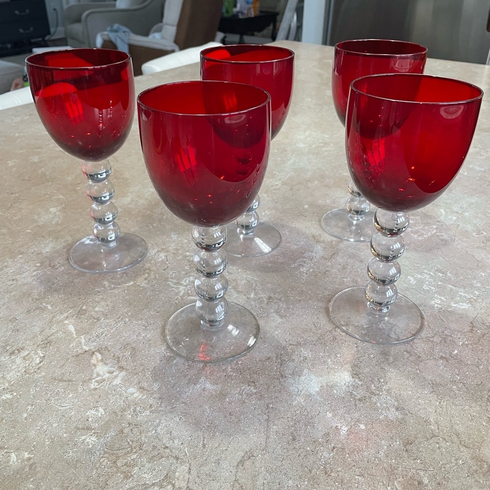 Red Stemmed Wine Glasses - Set of 5